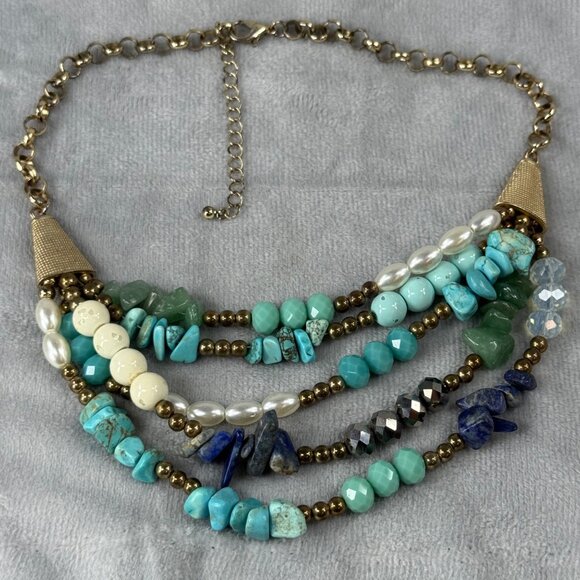 Multilayer Beaded Necklace Faux Turquoise, Faux Pearls & Gemstones Multicolor - Picture 2 of 16
